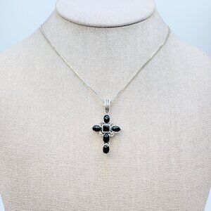 Multi-Gemstone Cross Pendant Necklace VTG Sterling Silver 925 Size 23.5" Length